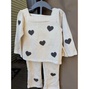 Snug Cream Knit 2pc Sweater & Pants Set Embroidered Heart Long Sleeve